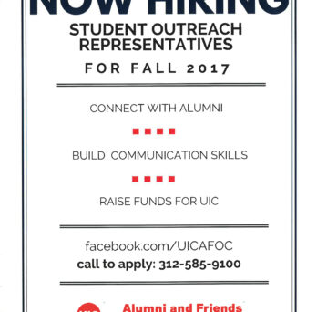 Student Outreach Representatives are being hired by the Alumni and Friends Outreach Center for Fall 2017. Call 312-585-9100 to learn more and apply.
                  