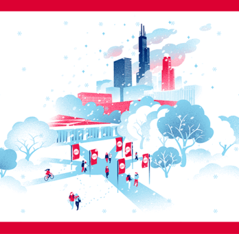 An illustration of the UIC campus covered in snow with the Chicago skyline in the background in red, blue and white
                  