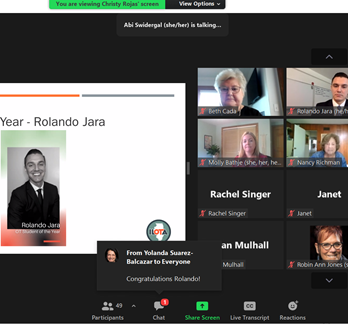 A screen shot of a ILOTA Zoom conference call that shows a picture of Rolando Jara with the title, 