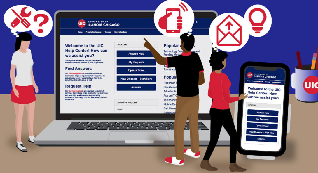 An illustration of three people standing in front of a life-size laptop and cell phone that are both displaying the UIC Help Center website