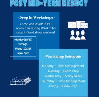 Post mid-term reboot. Two blue colored squares that outline drop-in workshop dates and workshop schedule. Two white visuals including a stack of books and three people sharing a conversation.
                  