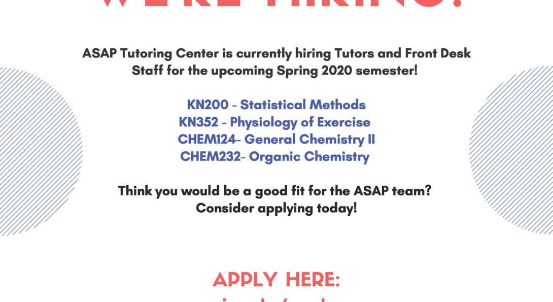 Make an impact with fellow students by joining the ASAP tutoring team for the spring 2020 semester. Applications are due Nov. 20