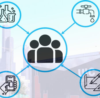 icons representing key elements : user centered design , analytical tool, design tools , smartphone, research. Background UIC parking lot and Willis Tower
                  