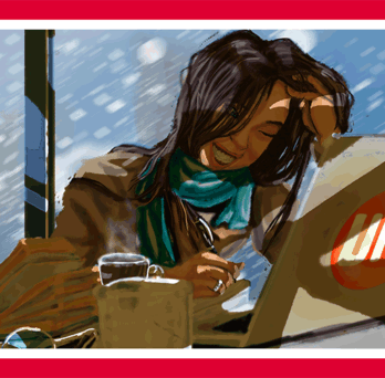 An illustration of a young student sitting in front of her laptop and next to a steaming cup of coffee during a snowy day
                  