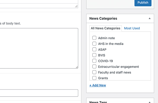 screenshot of backend of Inside AHS news- categories