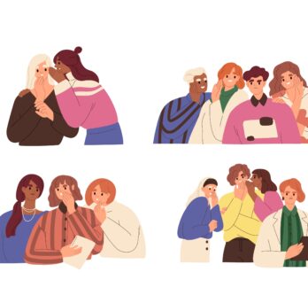 Cartoon illustration of people whispering to each other at work
                  