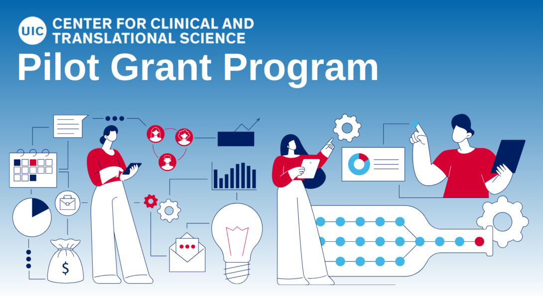 UIC Center for Clinical and Translational Science Pilot Grant Program featuring graphics of individuals troubleshooting project bottlenecks.