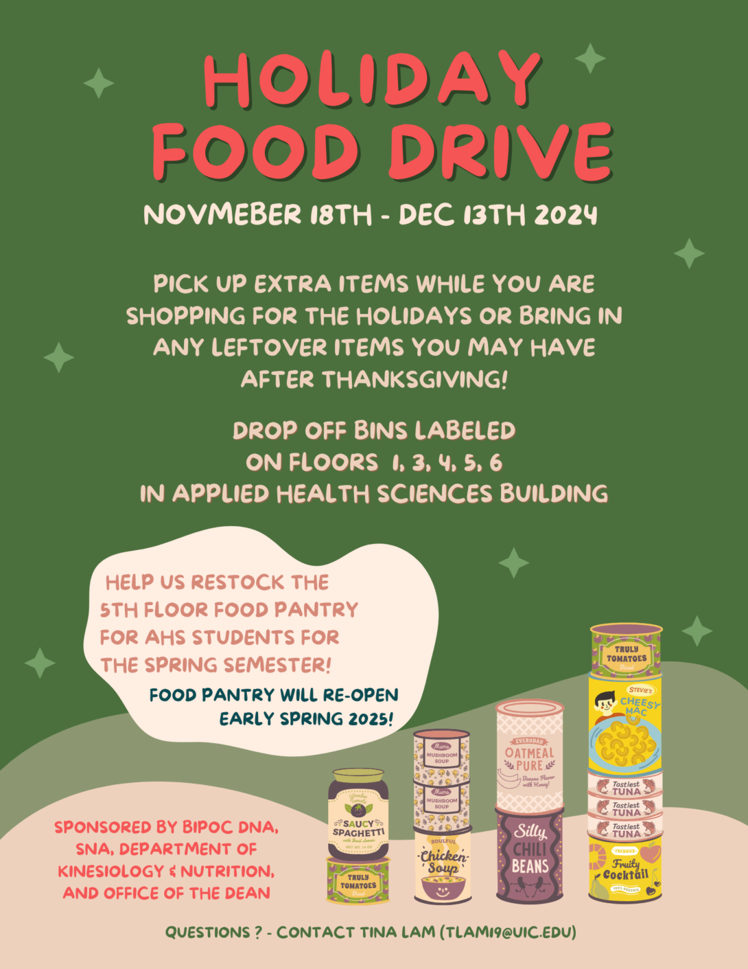 Green background with holiday food drive in red text. Images of assorted cans of food of varying colors (beans, veggies, fruit, etc.)