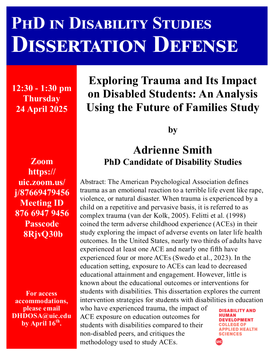 Flyer of dissertation defense information with meeting time and zoom link. Abstract of dissertation is included.