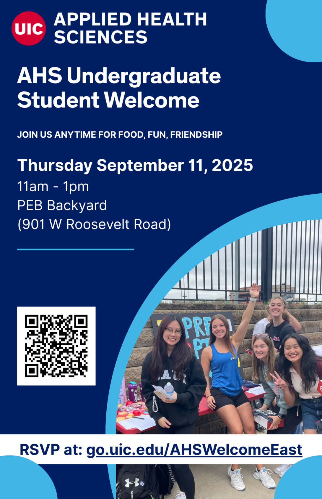 students at a former AHS undergraduate Student Welcome event with the details and an RSVP