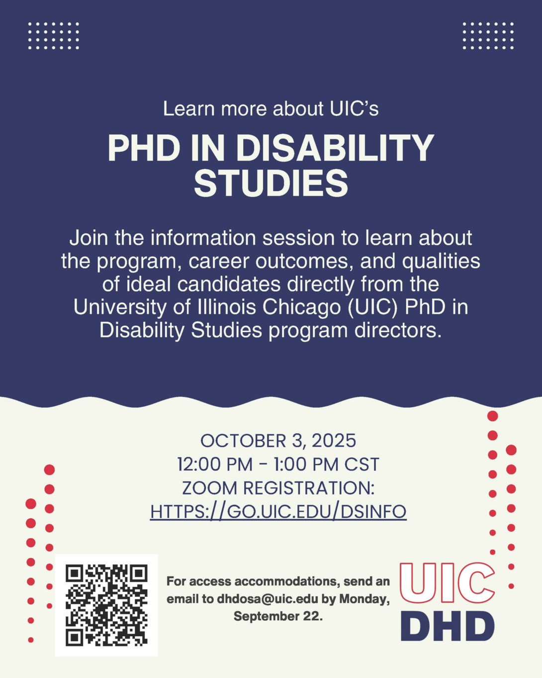 Flyer for UIC PhD in Disability Studies info session, October 3, 2025, 12 PM CST. Features program details and Zoom registration link.