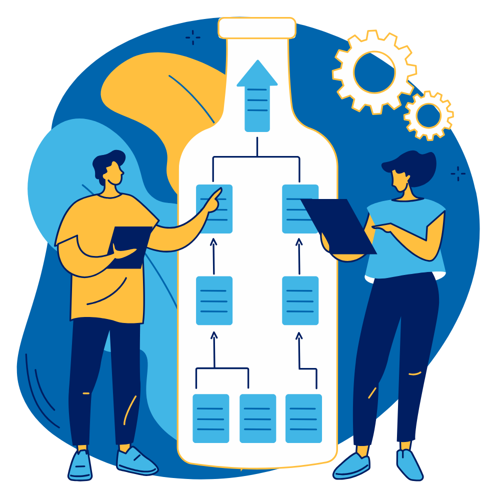 teammates examine illustration of post it notes depicting a bottlenecked logic tree