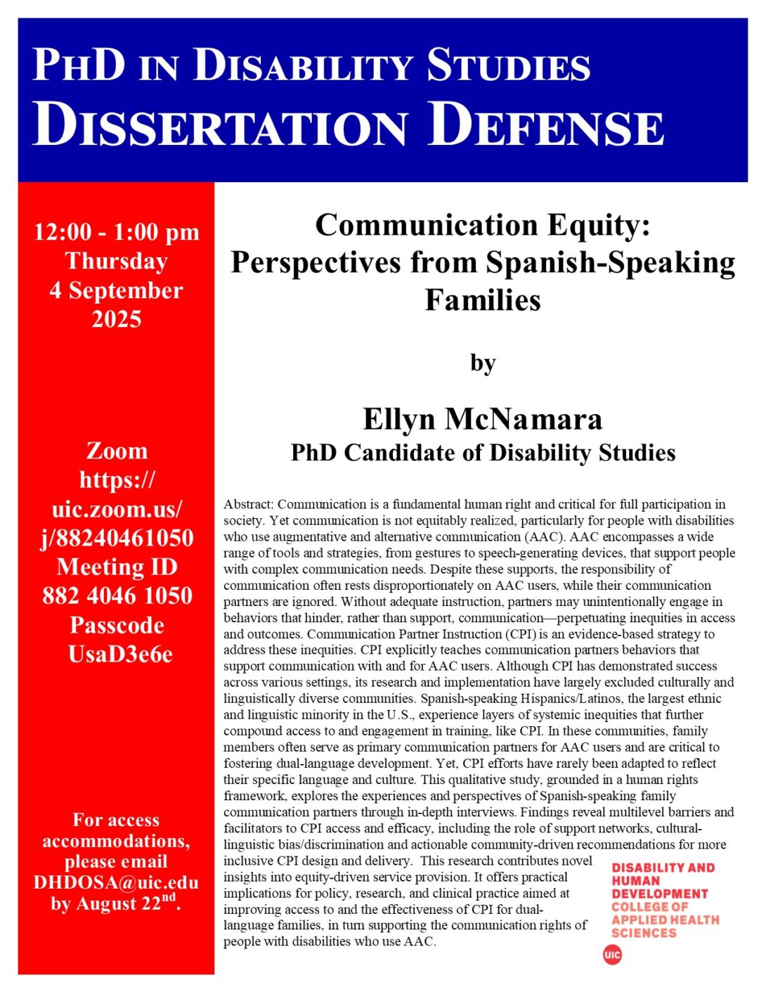 Flyer of dissertation defense information with meeting time and location. Abstract of dissertation is included.