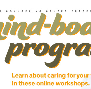 UIC Counseling Center flyer for Mind-Body Programs offering online workshops: Mindful Way, Self-Compassion, Managing Your Mood, and Recognition, Insight, and Openness. The flyer offers session times and registration links. Main link go.uic.edu/MindBody, and contact email belva1@uic.edu. The background showcases colorful autumn leaves.
                  