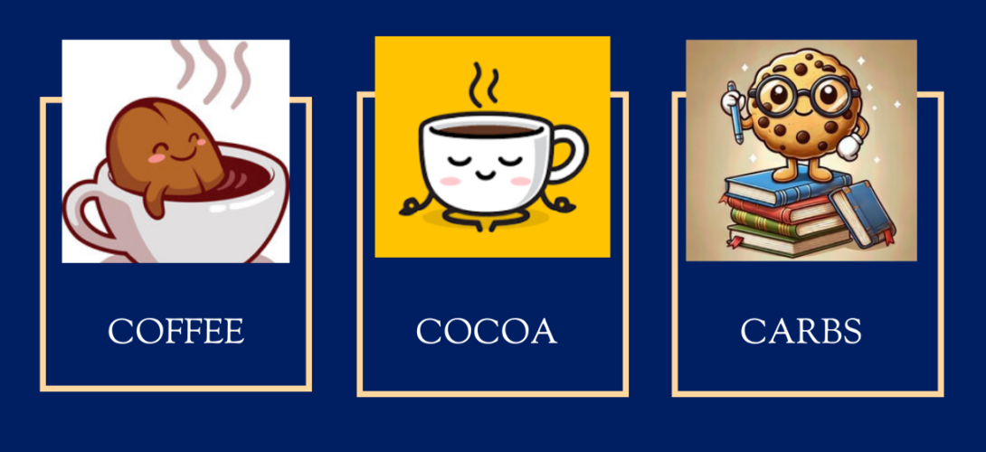 Cartoon images of coffee, cup of cocoa, and a cookie on books
