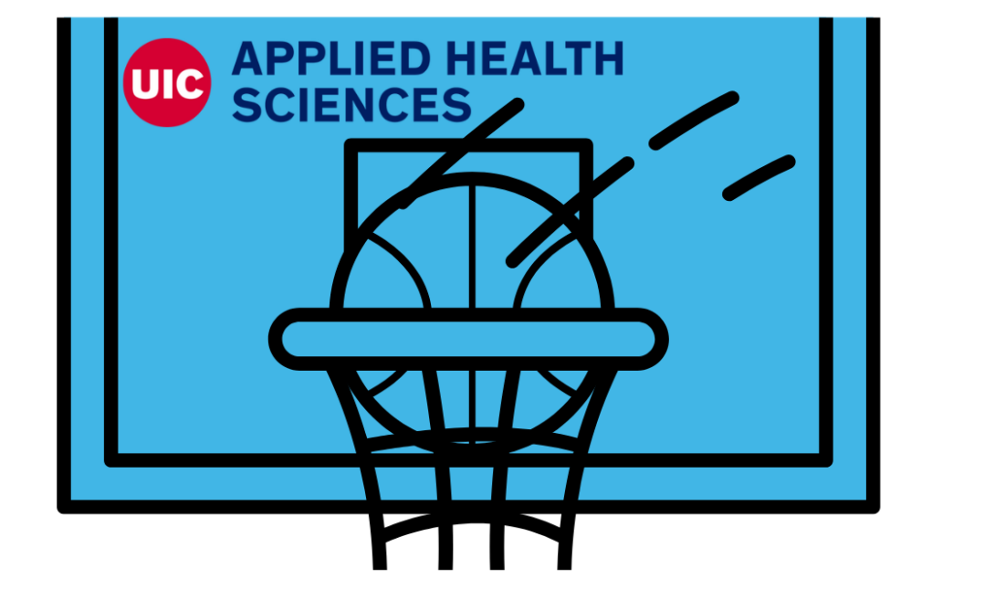 Applied health sciences logo, a basketball hoop and a ball all tinted in blue shade