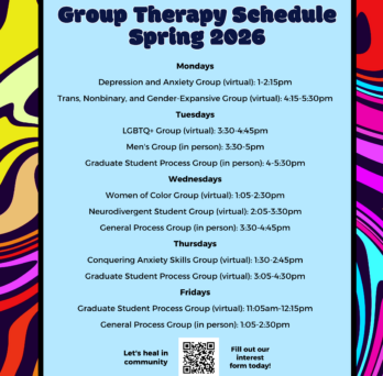 A colorful flyer showing the Spring 2026 group therapy sessions for various communities. 