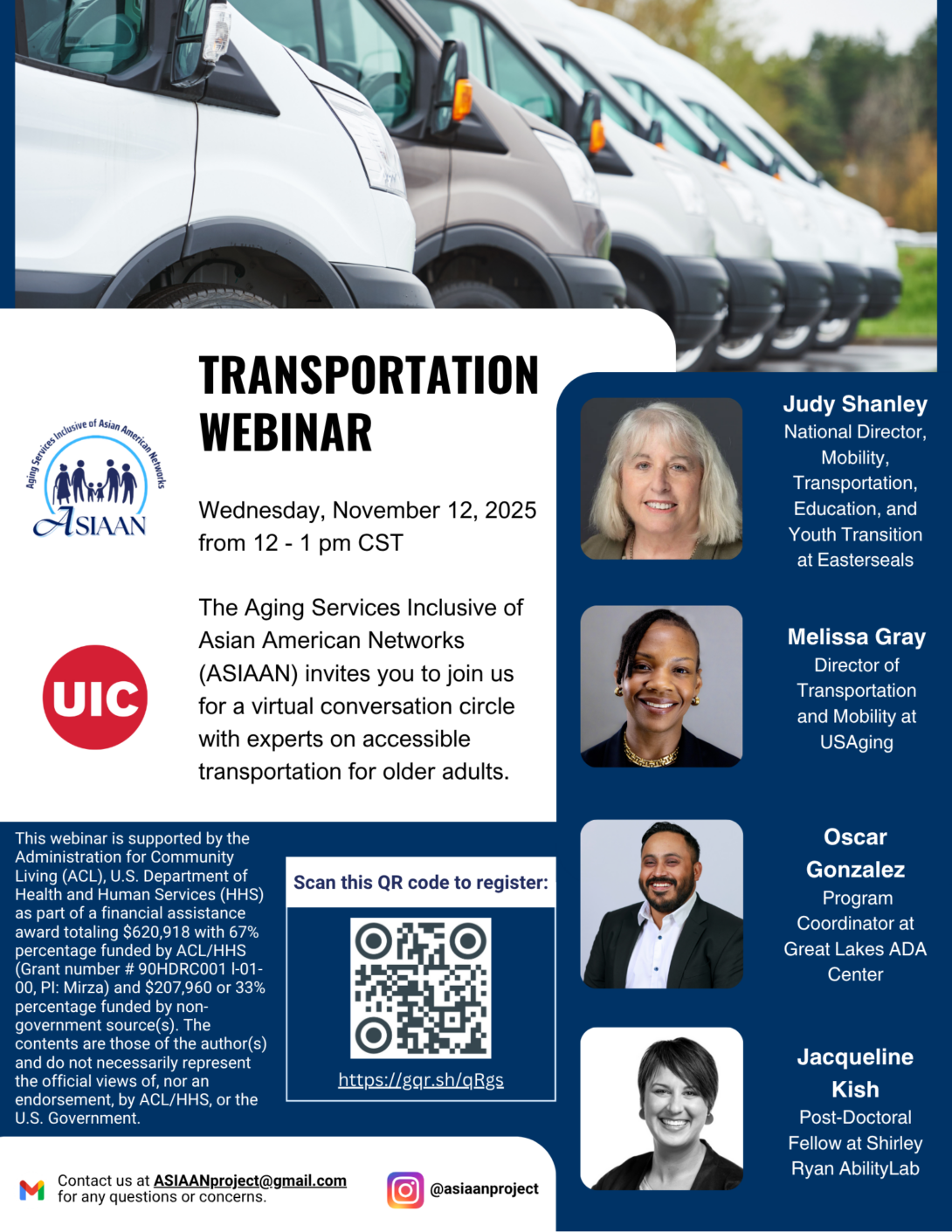 7 sprinter vans parked in a row; 4 headshots of 3 women and 1 man all smiling at the camera