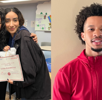 Sayra Rodriguez (Student Learning Award recipient) with her tutor, Isha Mehta, and Jalen Starling (Student Engagement Award recipient)
                  