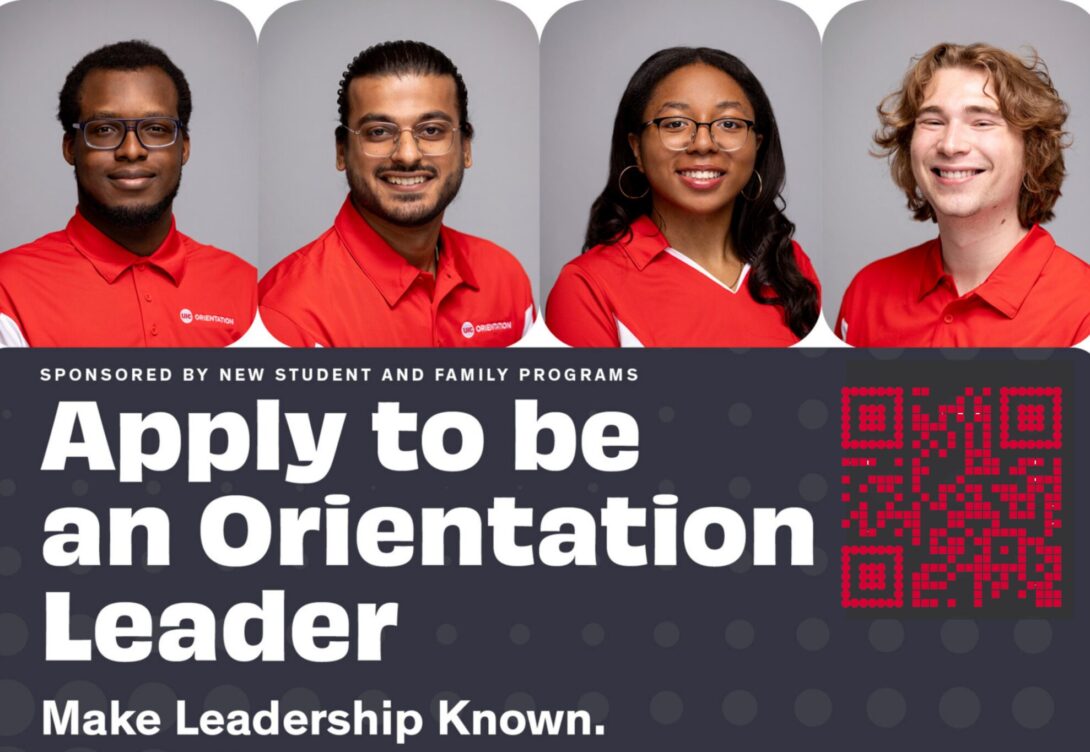 QR code showing 4 Orientation leaders. Sponsored by New Student and Family Programs, Apply to be an Orientation Leader. Make your leadership Known
