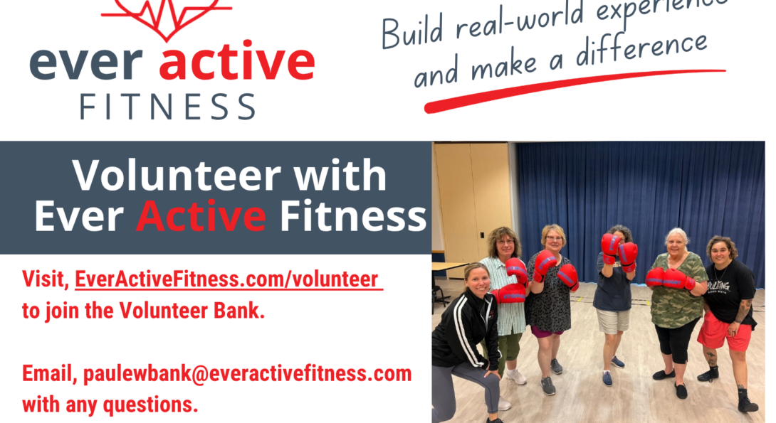 Older adults in boxing gloves with language on volunteering link and email. Every Active Fitness Logo heart with EKG scan