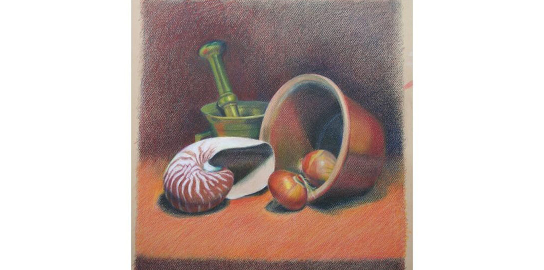 Colorful illustration of a seashell, onions and basket