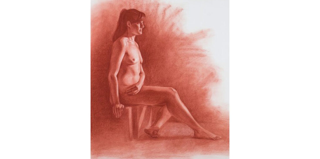 White and red illustration of a naked woman seated