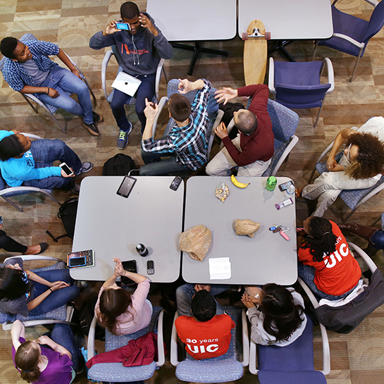 Aerial view of students sitting at a lunch table