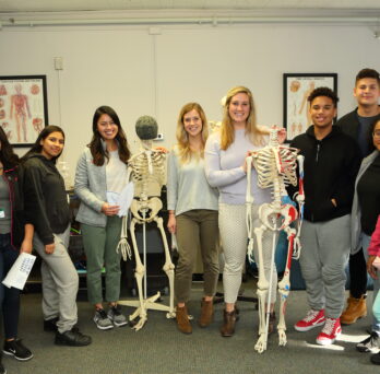 Clemente high school students and AHS intructors pose with two human skeleton models.
                  