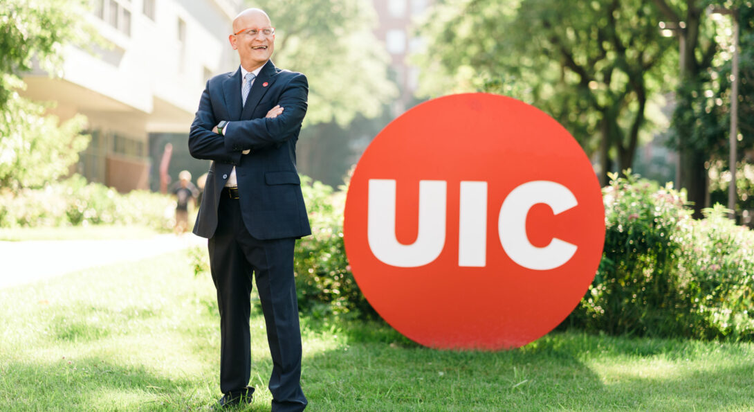 Dean Carlos J. Crespo stands in Arthington Mall on the west side of the UIC campus.