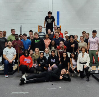 After an advance strengthening and conditioning collaborative session with ARU and UIC students and faculty, including Vered Arbel (kneeling far right), kinesiology graduate chaperone Kiyah Reed (center) and ARU lecturer Mike Ferrandino (kneeling left).
                  