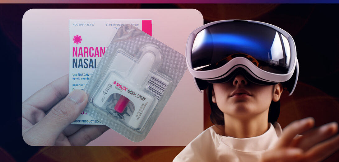 A pictures depicting a person wearing a virtual reality headset next to an illustration of Narcan