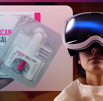 A pictures depicting a person wearing a virtual reality headset next to an illustration of Narcan
                  