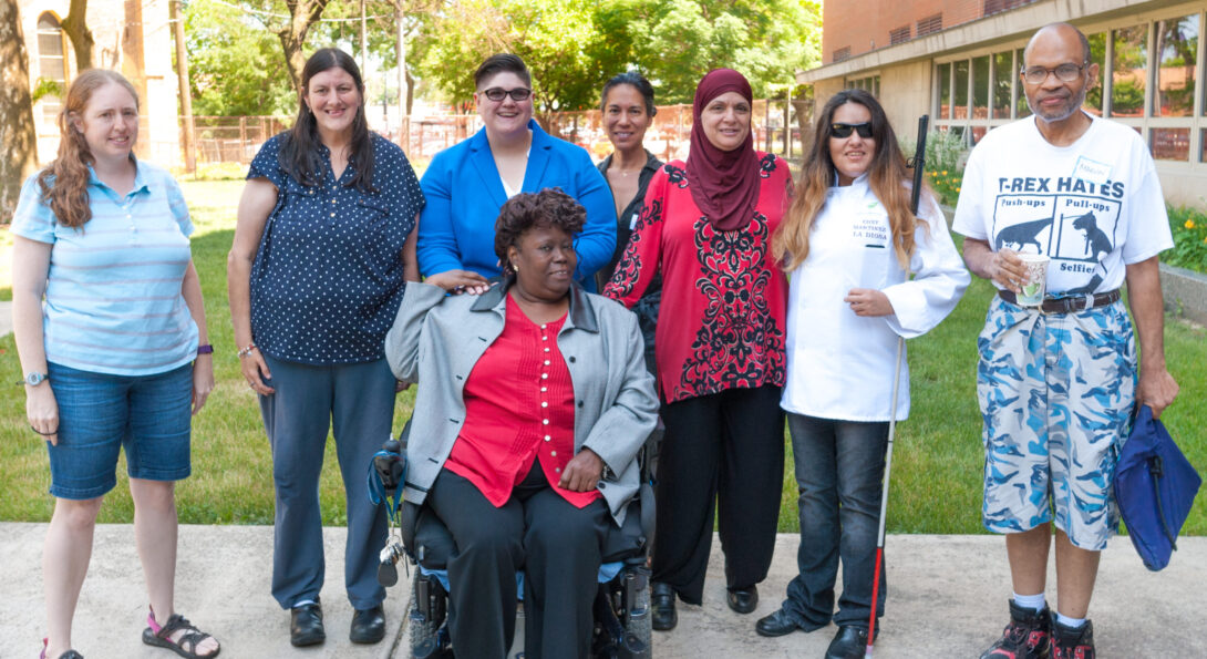 Kate Caldwell (third from left), DHD research assistant Christianna Danguilan (fourth from left) and CEED mentor Laura Martinez (second from right) with participants in the Chicagoland Entrepreneurship Education for People with Disabilities project.