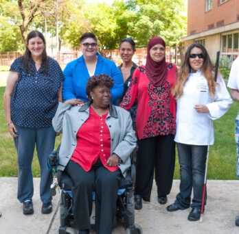 Kate Caldwell (third from left), DHD research assistant Christianna Danguilan (fourth from left) and CEED mentor Laura Martinez (second from right) with participants in the Chicagoland Entrepreneurship Education for People with Disabilities project.
                  