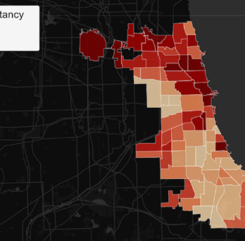 A map of life expectancy in Chicago shows health disparities across the city. (Image: Chicago Health Atlas)
                  