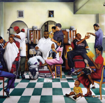 “Hanging at the shop,” a painting in the Black Culture Collection by Alan and Aaron Hicks.
                  