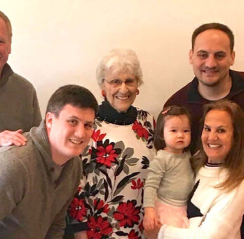 The Erhardts: Edward (son), Brett (grandson), Rhoda, Avery (great-granddaughter), Colin (grandson), Laurie (daughter-in-law) and Lillian (granddaughter-in-law) celebrate Rhoda’s 88th birthday in Maplewood, Minn, March 14, 2020.
                  