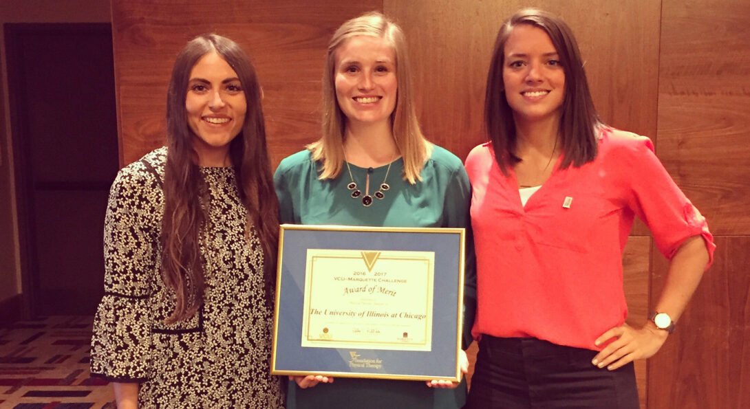 Taylor Trapp, Emily Snyder and Rachel Bradley with the Award of Merit they received from the Foundation for Physical Therapy for raising over $6,000 in the 2016-17 VCU-Marquette Challenge. Their fundraisers included a PT Prom and an orientation boat party