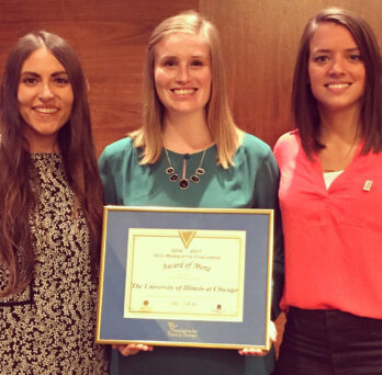 Taylor Trapp, Emily Snyder and Rachel Bradley with the Award of Merit they received from the Foundation for Physical Therapy for raising over $6,000 in the 2016-17 VCU-Marquette Challenge. Their fundraisers included a PT Prom and an orientation boat party
                  