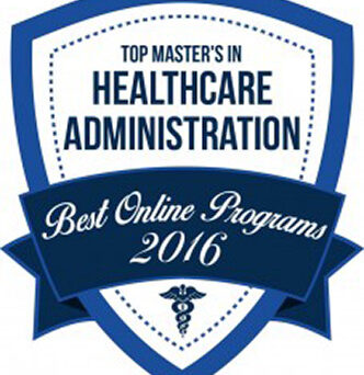 Shield with ribbon that reads Top Master's in Healthcare Administration Best Online Programs 2016
                  