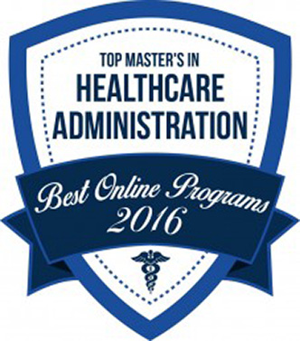 Shield with ribbon that reads Top Master's in Healthcare Administration Best Online Programs 2016