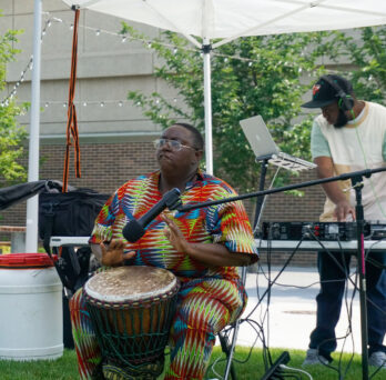 Victoria Boateng plays the djemba while Matt Morgan deejays. Boateng is a teacher and performer of West African drums, including the djembe and dununs.
                  