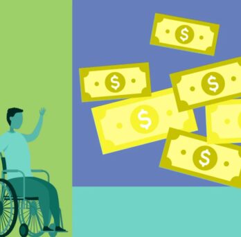 A graphic illustration depicts one individual standing behind another individual who is seated in a wheelchair, as well as several dollar bills floating
                  