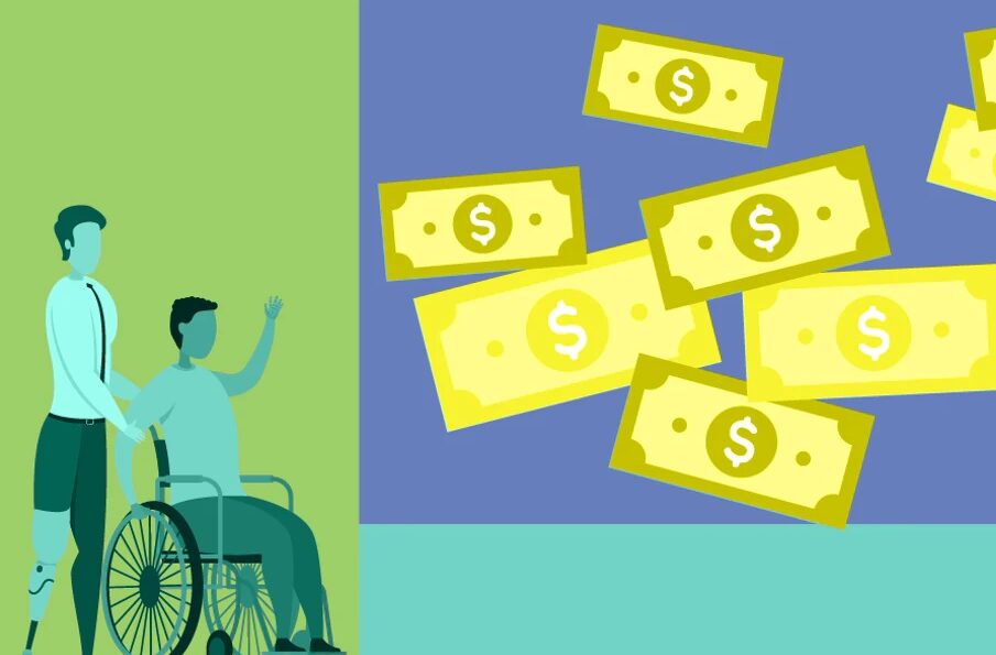 A graphic illustration depicts one individual standing behind another individual who is seated in a wheelchair, as well as several dollar bills floating