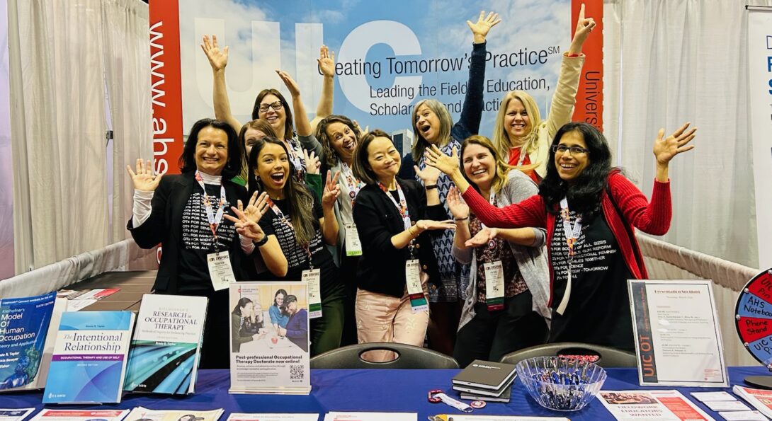 UIC OT students and faculty at the American Occupational Therapy Association 2024 Annual Conference & Expo in Orlando, Florida. Back (L to R): Kathy Preissner, Cailtin Smith, Toni Van Denend, Susan Magasi and Heidi Fischer. Front (L to R): Yolanda Suarez Balcazar, Dalmina Arias, Jenica Lee, Ashley Stoffel and Mansha Mirza.