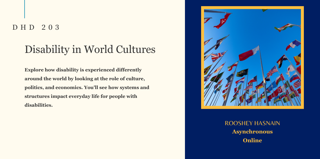 DHD 203. Disability in World Cultures. Explore how disability is experienced differently around the world by looking at the role of culture, politics, and economics. You'll see how systems and structures impact everyday life for people with disabilities. Rooshey Hasnain. Asynchronous Online. On the left side of the page there is an image of a collection of countries flags.