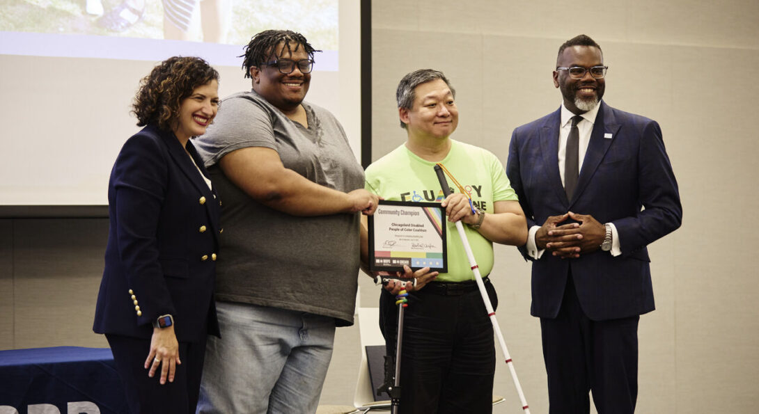 From left to right: Rachel Arfa, Commissioner of the City of Chicago Mayor's Office for People with Disabilities; Timothius Gordon Jr. '19 MS DHD, Chicagoland Disabled People of Color Coalition co-founder; Jae Jin Pak, Chicagoland Disabled People of Color Coalition co-founder; and Brandon Johnson, City of Chicago Mayor.