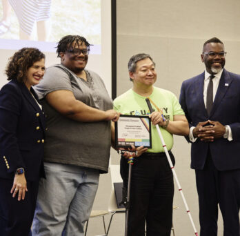 From left to right: Rachel Arfa, Commissioner of the City of Chicago Mayor's Office for People with Disabilities; Timothius Gordon Jr. '19 MS DHD, Chicagoland Disabled People of Color Coalition co-founder; Jae Jin Pak, Chicagoland Disabled People of Color Coalition co-founder; and Brandon Johnson, City of Chicago Mayor.
                  