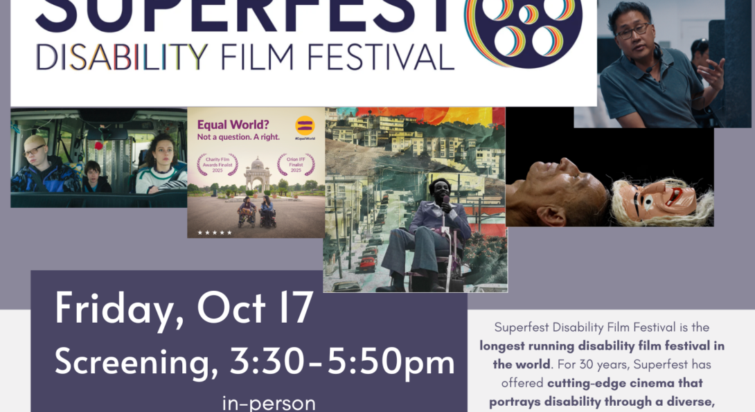 A Superfest logo with a purple film reel is surrounded by movie posters and film stills for 2025 films. A purple block above says